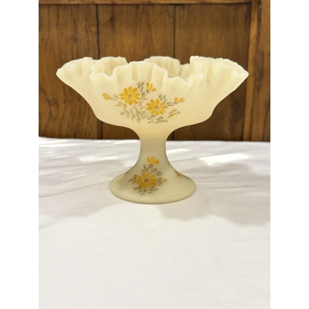 Fenton Satin Custard Compote Pedestal Ruffle Top Candy Dish Bowl Hand Painted